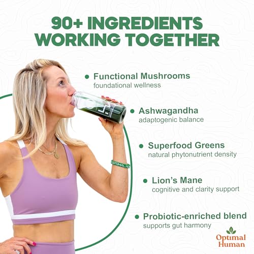 Pouring O H Optimal Human Greens into a glass during morning ritual.