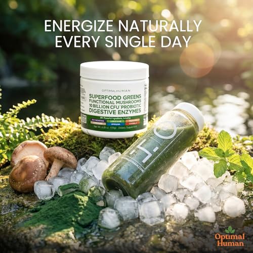 O H Optimal Human Greens scoop beside the bag for quick mornings.