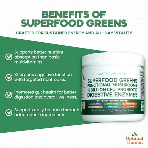 O H Optimal Human Greens scoop dispensing powder for easy mixing.