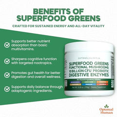 O H Optimal Human Greens scoop dispensing powder for easy mixing.