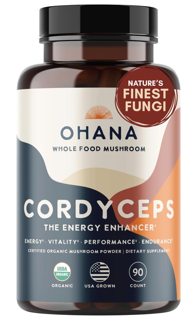 Ohana Cordyceps bottle front, emphasizing organic, non-GMO wellness support.