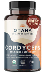 Ohana Cordyceps bottle front, emphasizing organic, non-GMO wellness support.