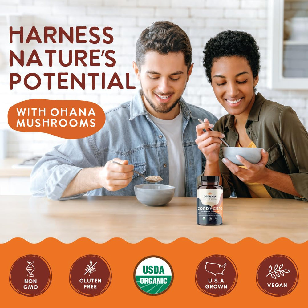 Ohana Cordyceps USDA Organic seal on label, signaling trusted quality.