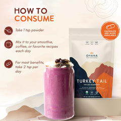 Ohana Turkey Tail capsules pack for convenient daily use.