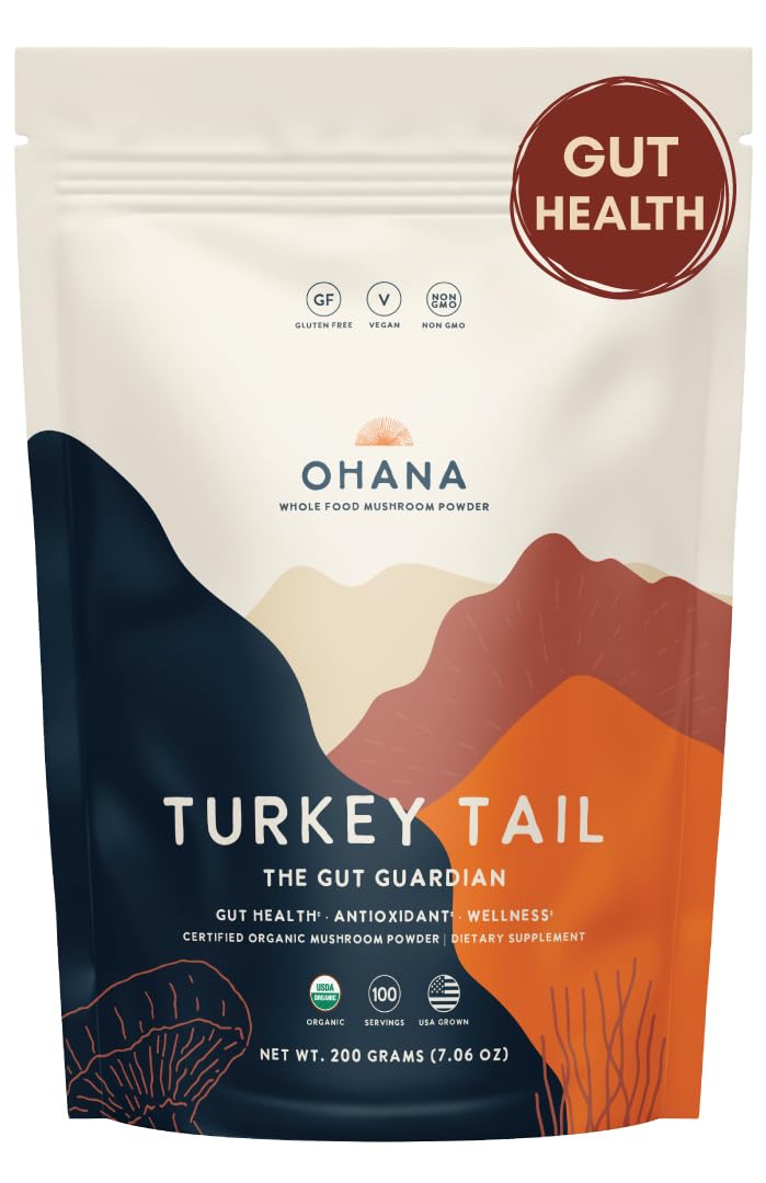 Ohana Turkey Tail powder in a resealable bag for daily wellness