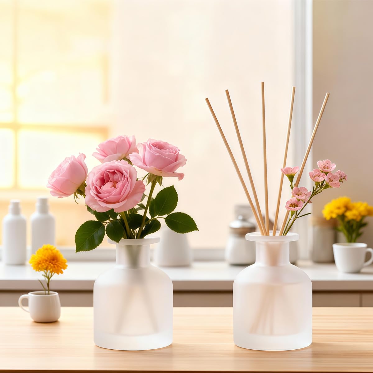OHEETU diffuser bottle setup in living room creates ambient lighting.
