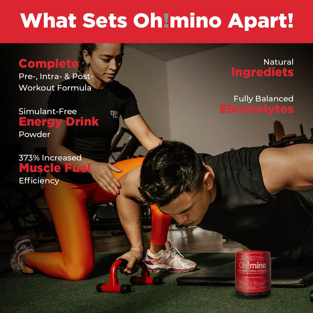 Oh!mino BCAAs + EAAs sugar-free label—zero net carbs for clean fueling