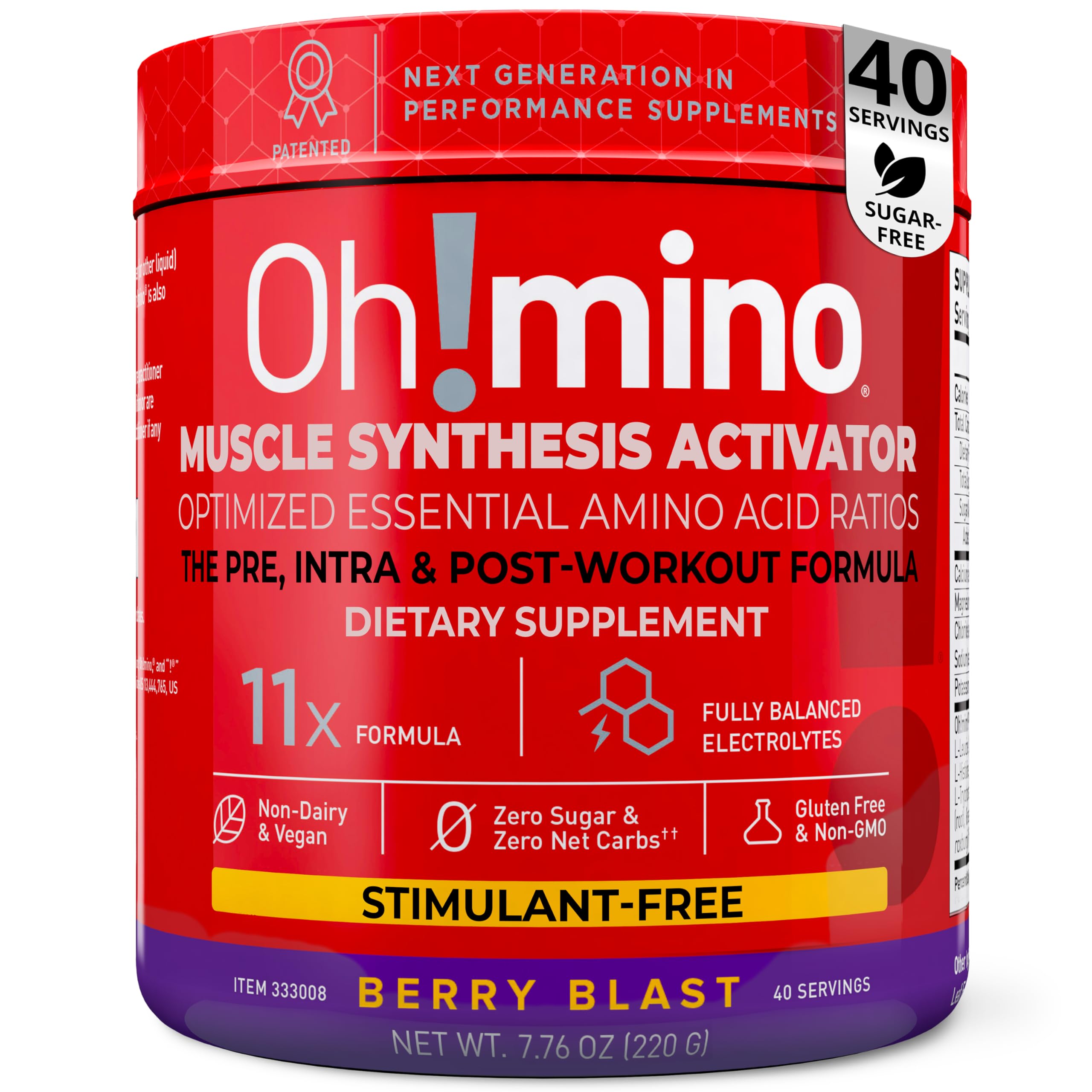 Ohmino Essential Amino Acids Berry Blast bottle shows a refreshing hydration boost for workouts