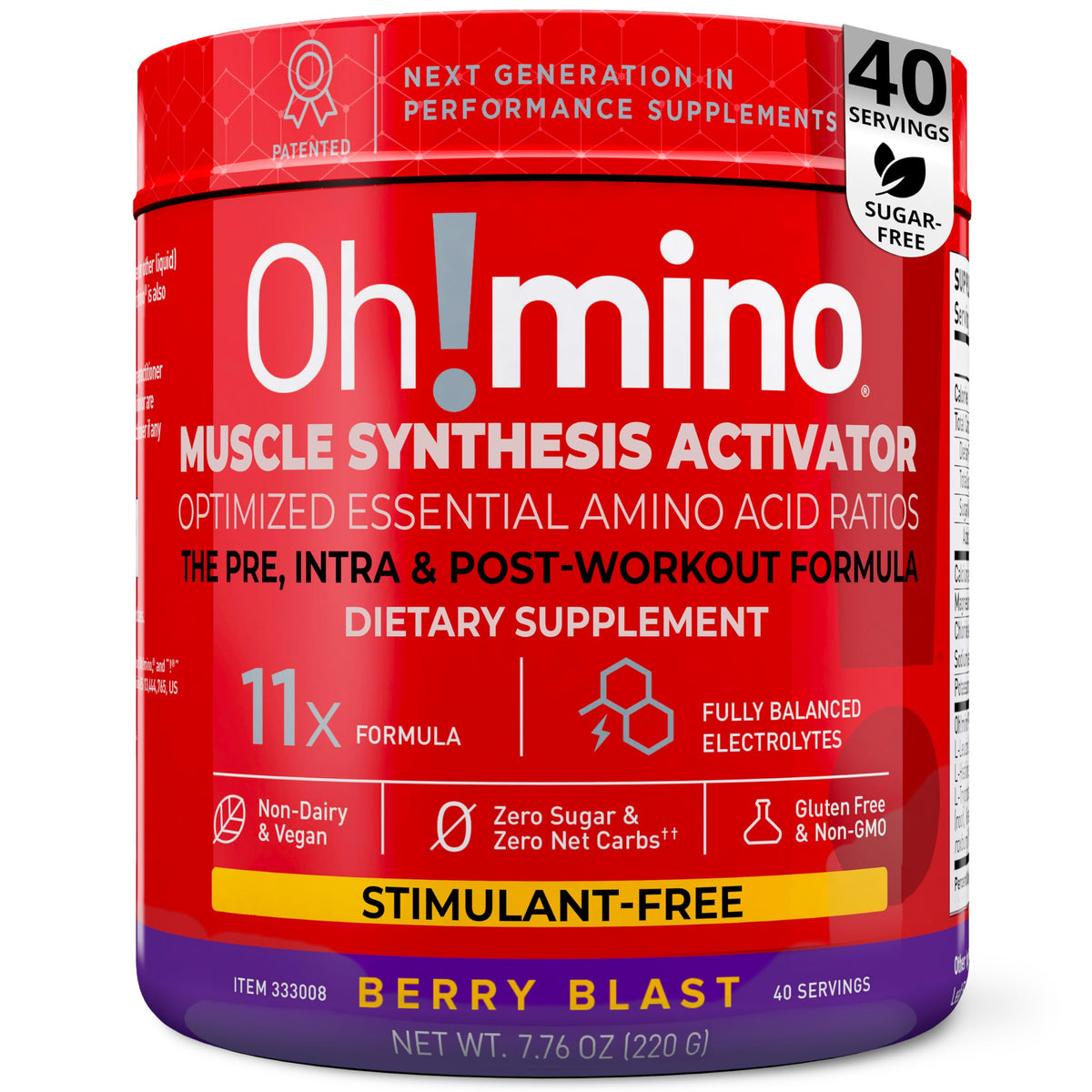 Ohmino Essential Amino Acids Berry Blast bottle shows a refreshing hydration boost for workouts