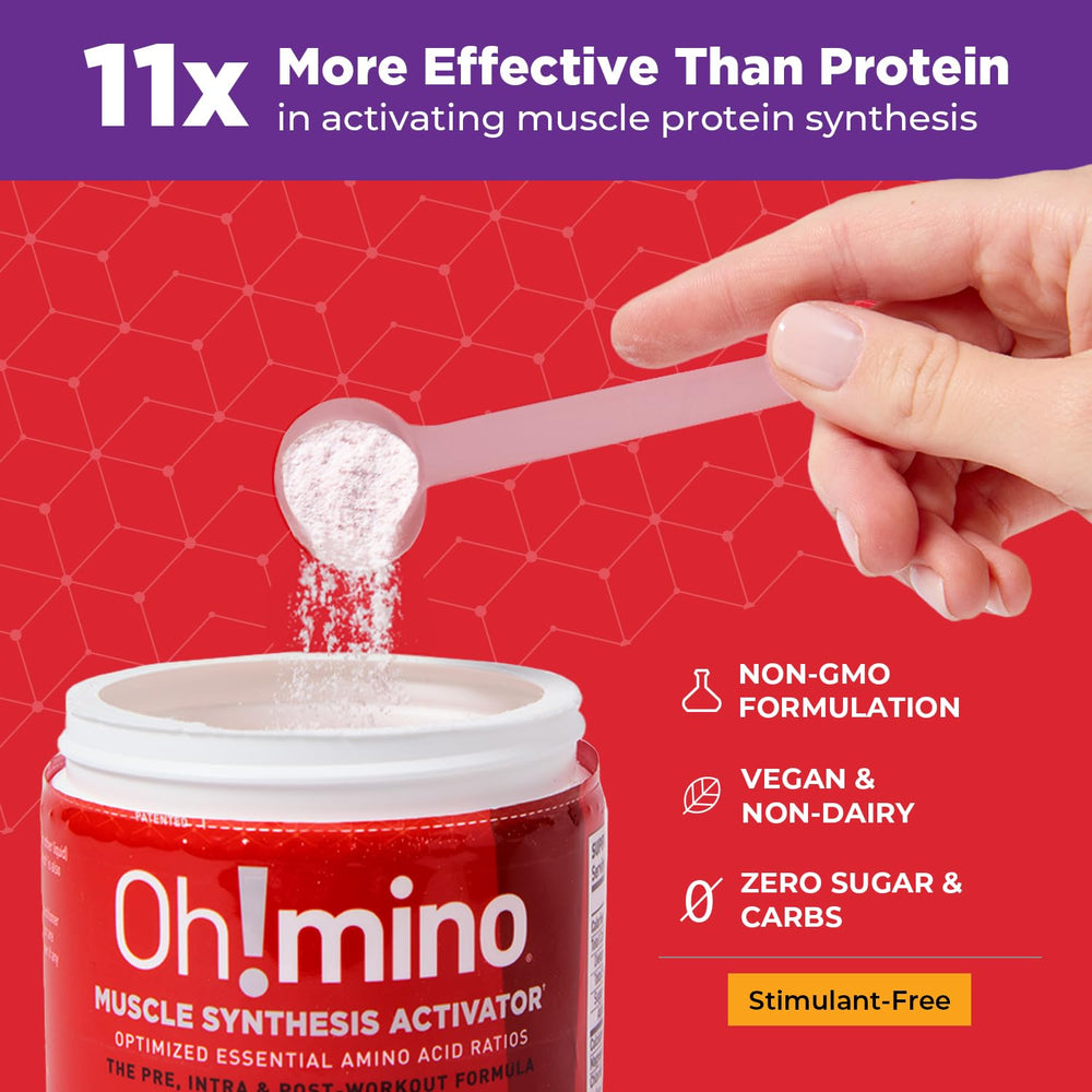 Ohmino Essential Amino Acids Berry Blast mixed-glass demonstrates steady flavor without caffeine