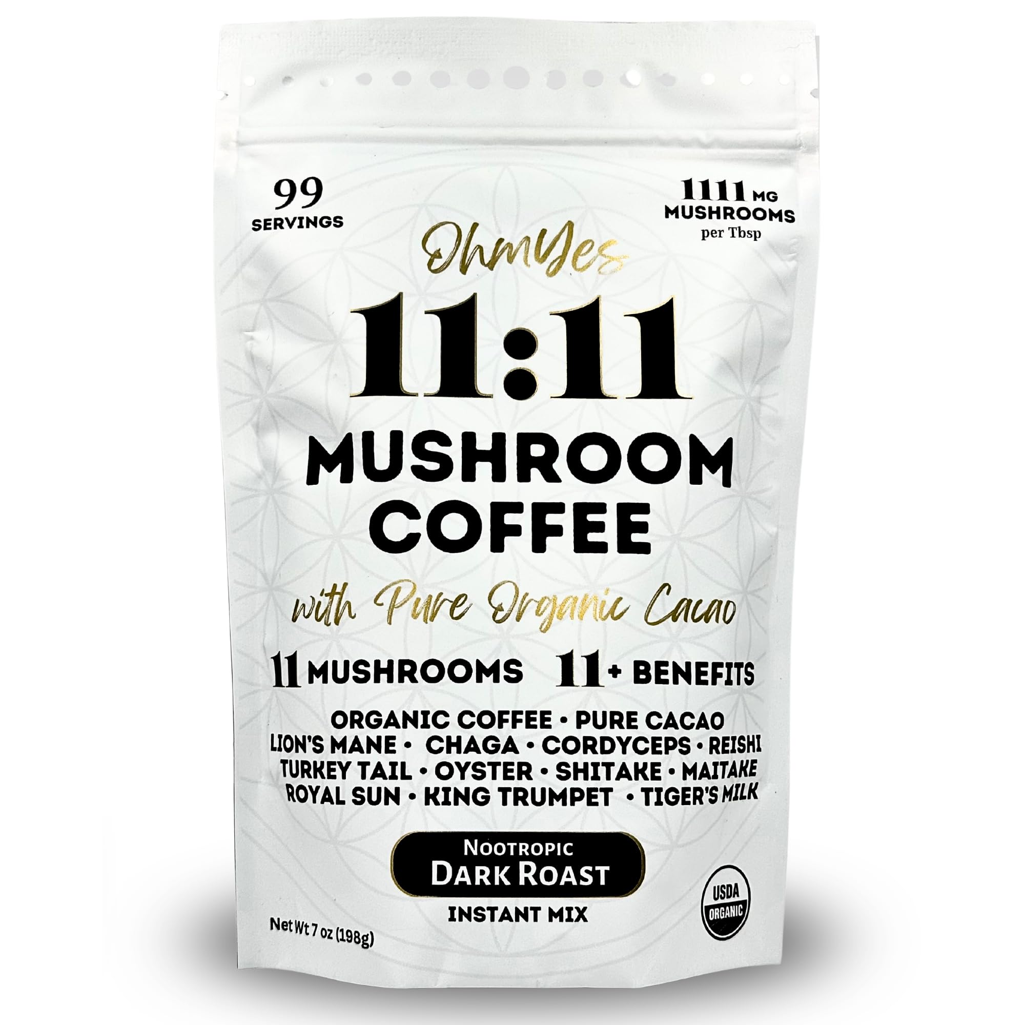 OhmYes 11 Mushroom Coffee + Cacao bottle label promotes a premium morning ritual for focused energy.