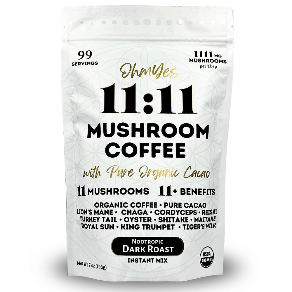 OhmYes 11 Mushroom Coffee + Cacao bottle label promotes a premium morning ritual for focused energy.