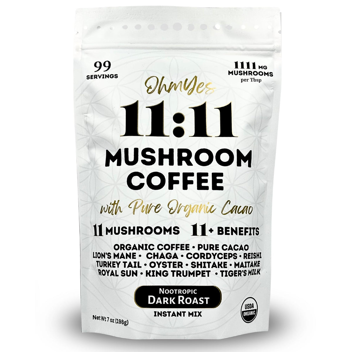 OhmYes 11 Mushroom Coffee + Cacao bottle label promotes a premium morning ritual for focused energy.