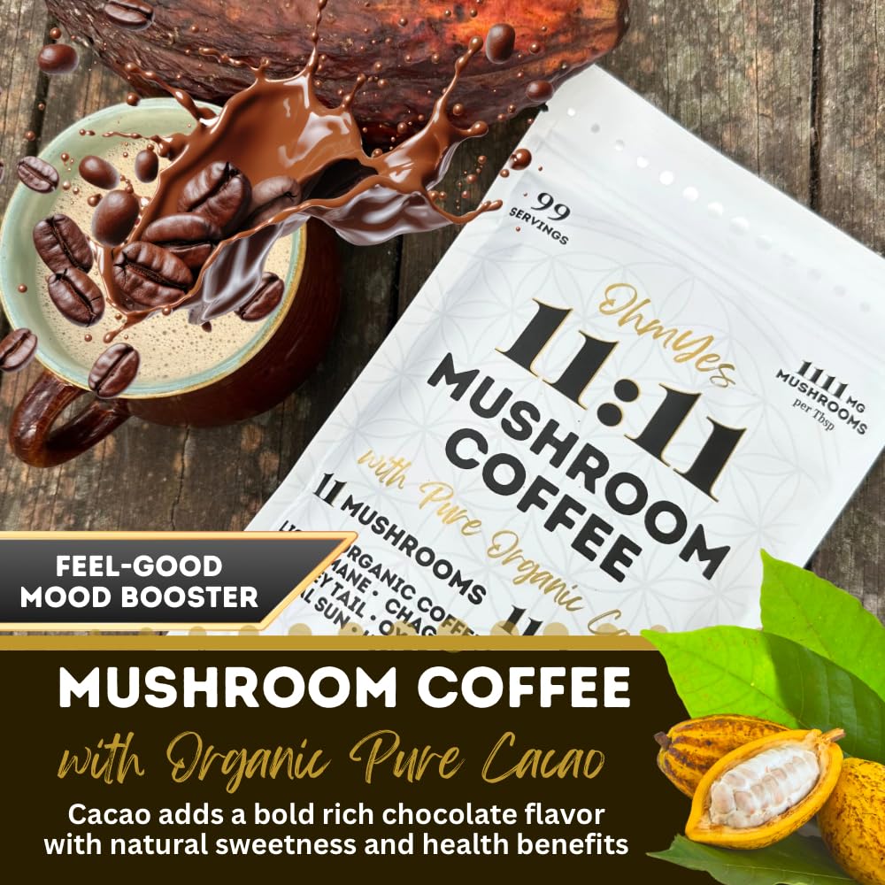 OhmYes 11 Mushroom Coffee + Cacao container front communicates USA-made, lab-tested quality.
