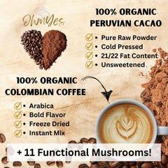 OhmYes 11 Mushroom Coffee + Cacao teaspoon scoop hints at easy on the go wellness benefits.