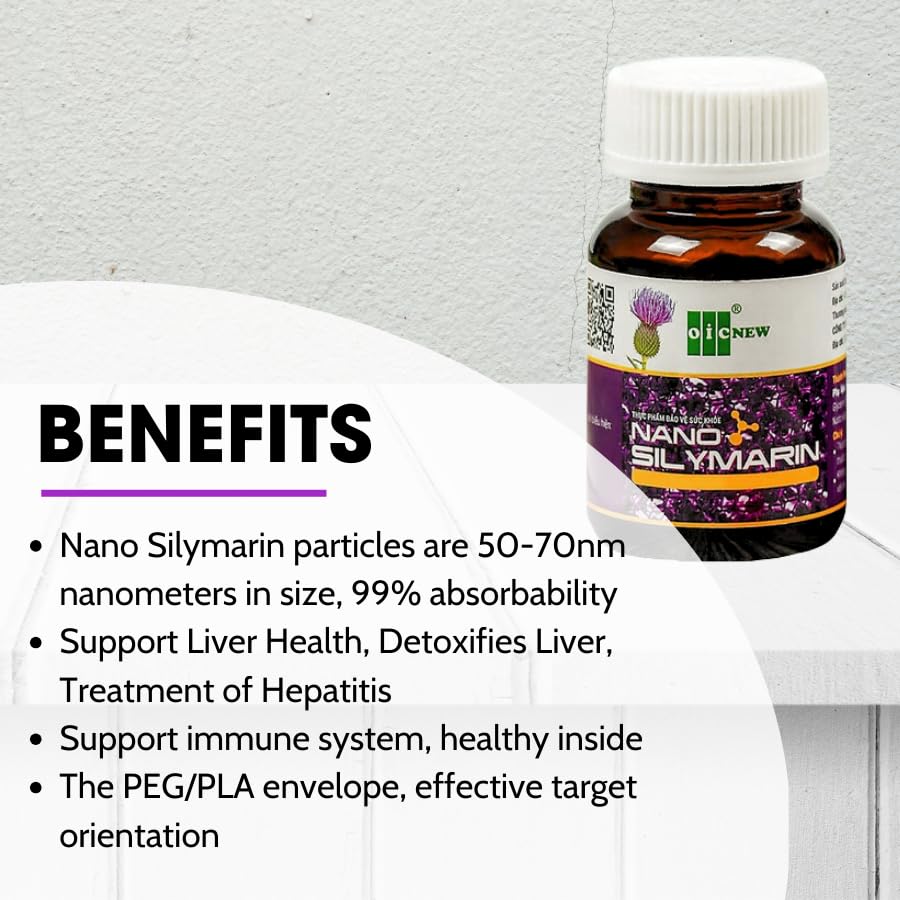 Close-up of OIC NEW Nano Silymarin capsules highlighting nano-sized silymarin for faster absorption