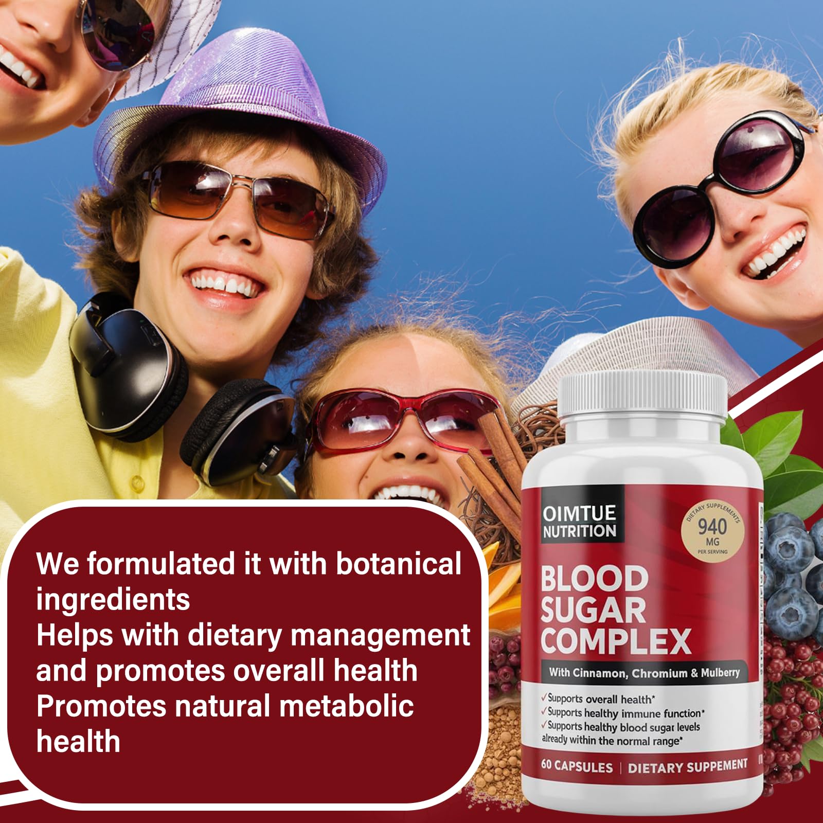 OIMTUE Blood Sugar Complex bottle close-up signals 60 capsules 30-day supply