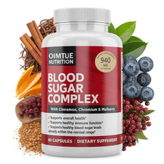 OIMTUE Blood Sugar Complex bottle label highlights Cinnamon and Chromium for daily balance