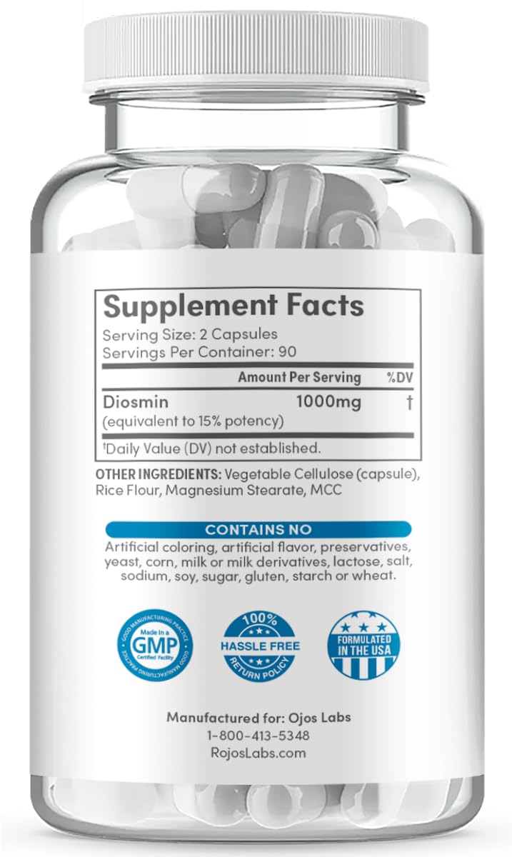 USA-made OjosLabs Diosmin 1000mg bottle shows quality labeling for daily use.