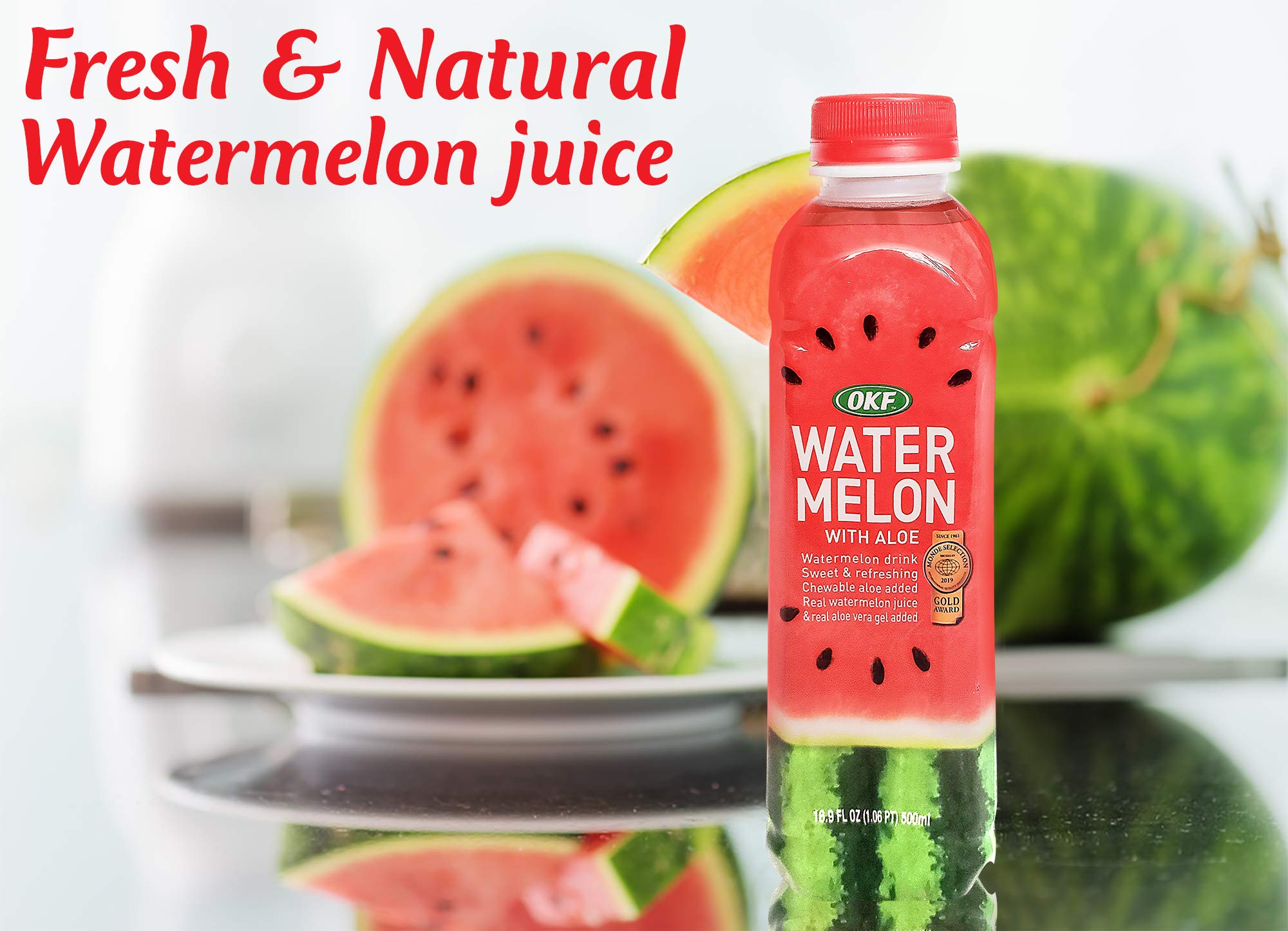 OKF Watermelon Aloe Vera Drink with ice in a glass
