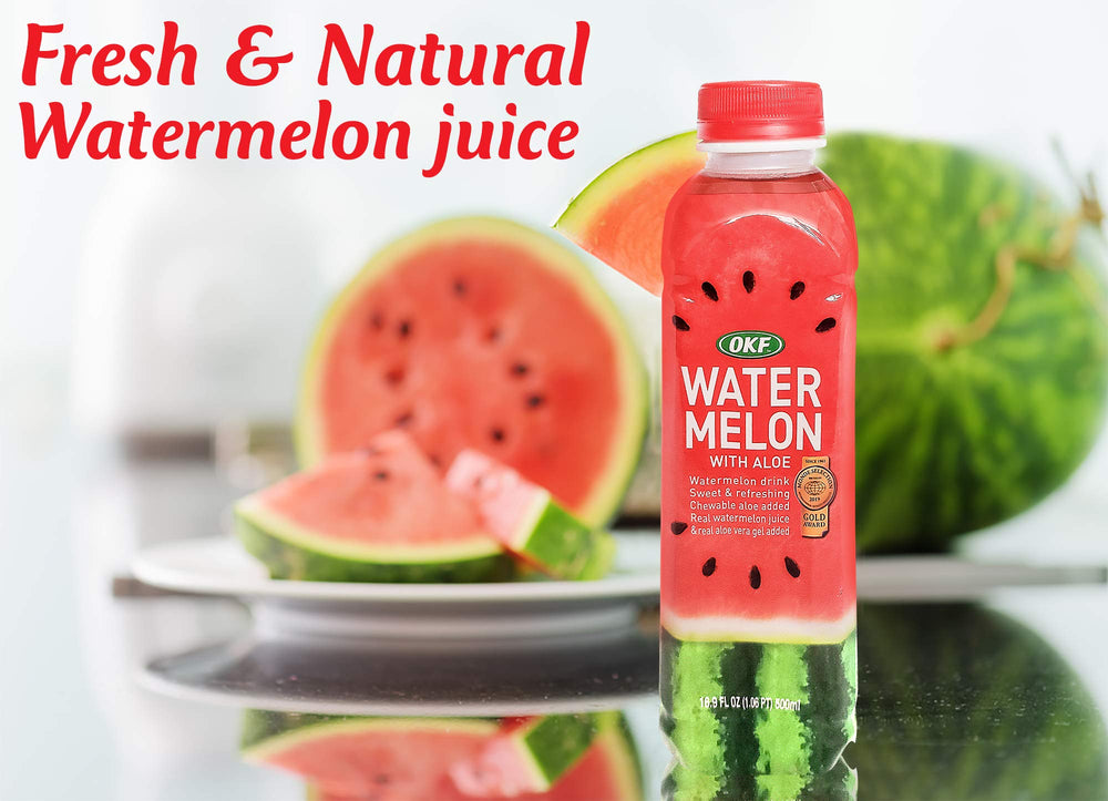 OKF Watermelon Aloe Vera Drink with ice in a glass