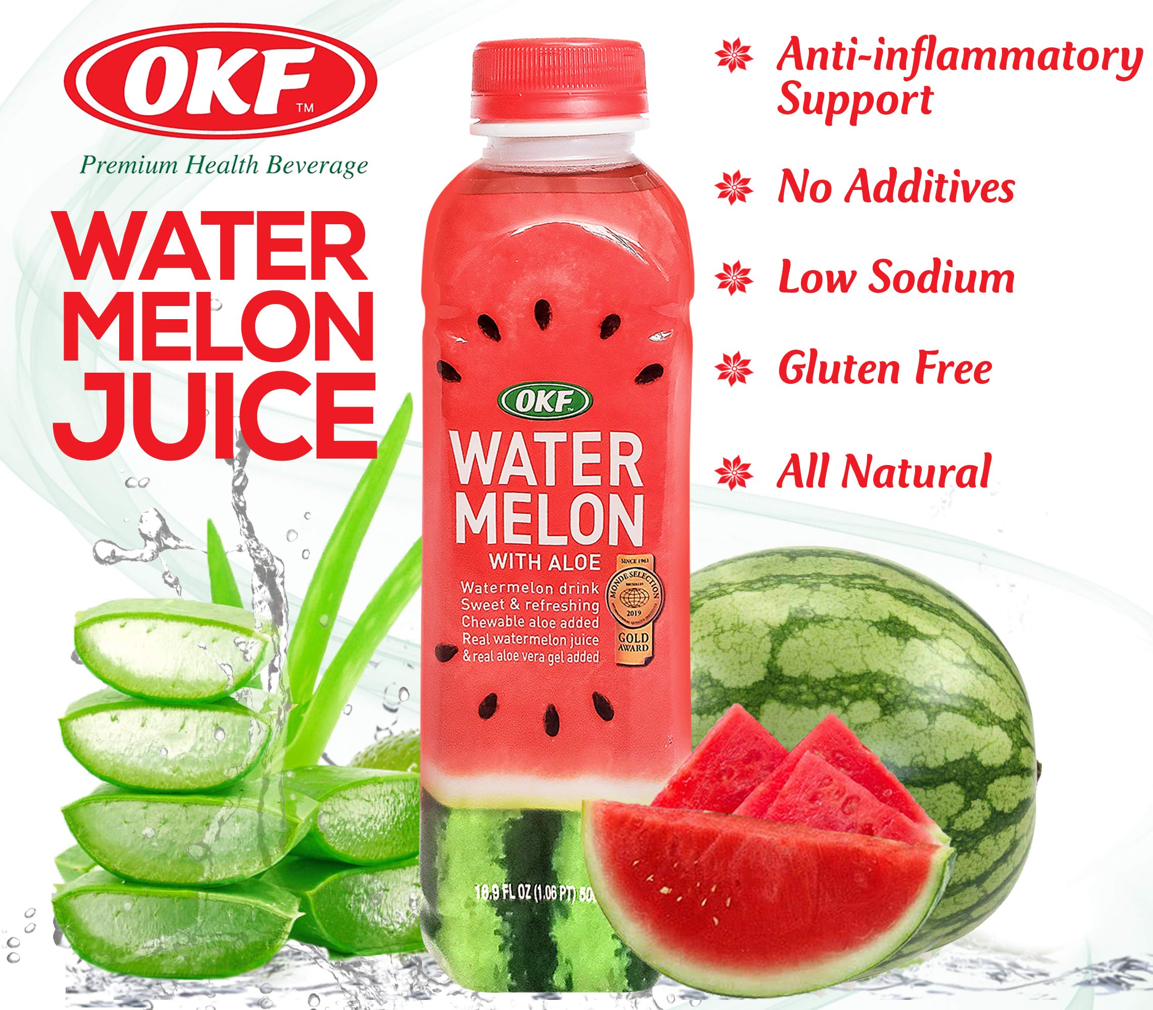 Close-up of OKF Watermelon Aloe Vera Drink label