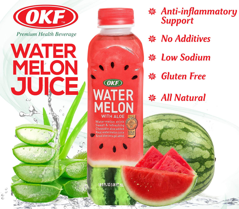 Close-up of OKF Watermelon Aloe Vera Drink label