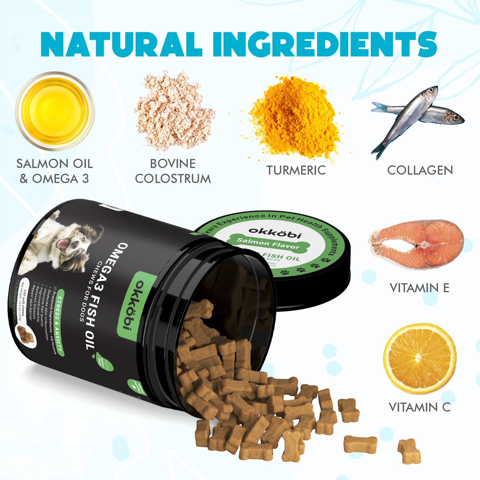 OKKÖBI Omega 3 chews chicken flavor for dogs during daily grooming