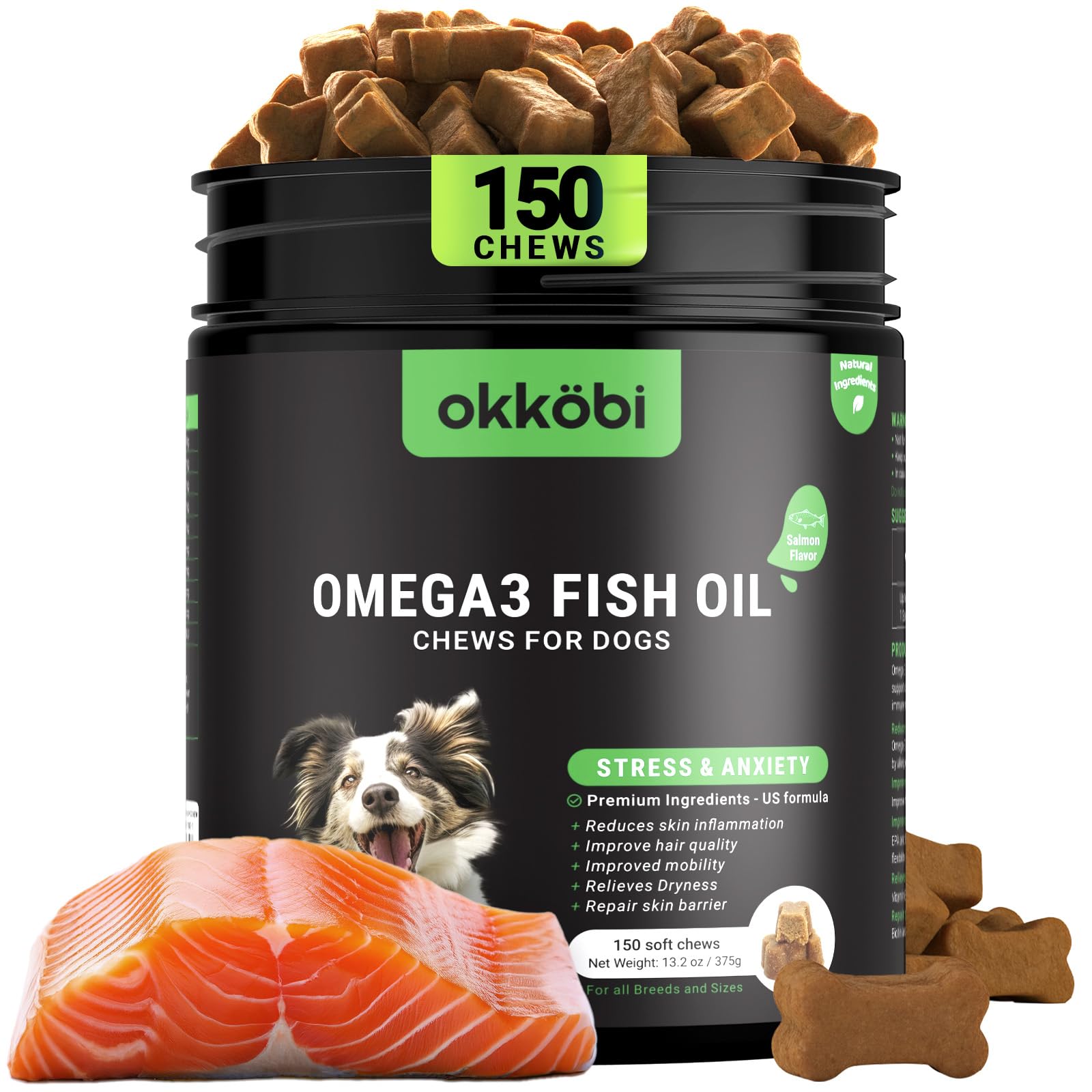 OKKÖBI Omega 3 chews in a bag promote healthier skin and coat