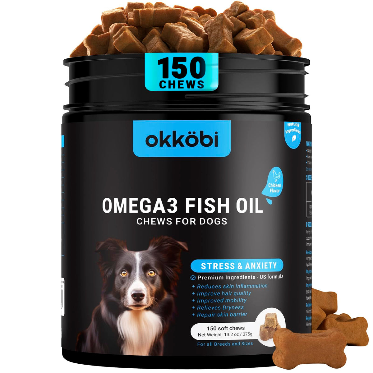OKKÖBI Omega 3 chews for dogs in a bottle, convenient daily supplement for coat care.