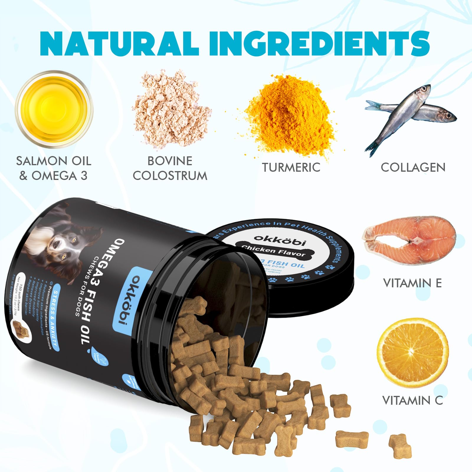 OKKÖBI Omega 3 chews treats display promoting healthy skin and shiny coat.