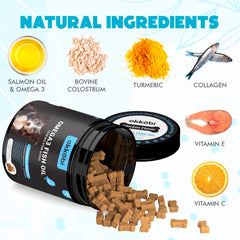 OKKÖBI Omega 3 chews treats display promoting healthy skin and shiny coat.
