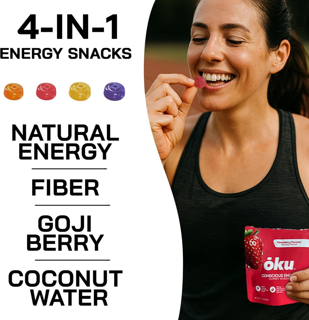 Close-up of OKU Energy Chews pineapple gummies highlighting steady energy during workouts.