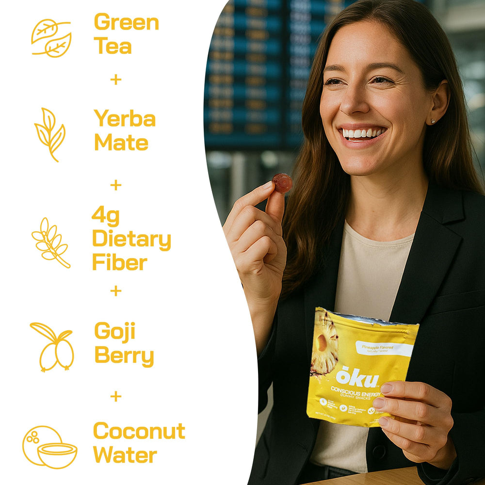 Packaging image of OKU pineapple gummies emphasizing vegan and non-GMO ingredients.