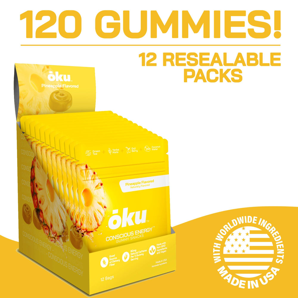 OKU pineapple energy gummies showing a serving for quick energy and hydration.