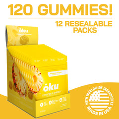 OKU pineapple energy gummies showing a serving for quick energy and hydration.