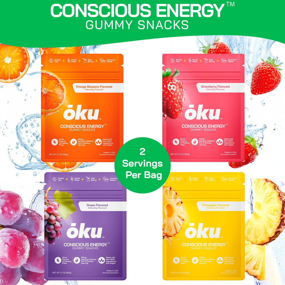 Pouring OKU pineapple energy chews from the pouch for travel days.