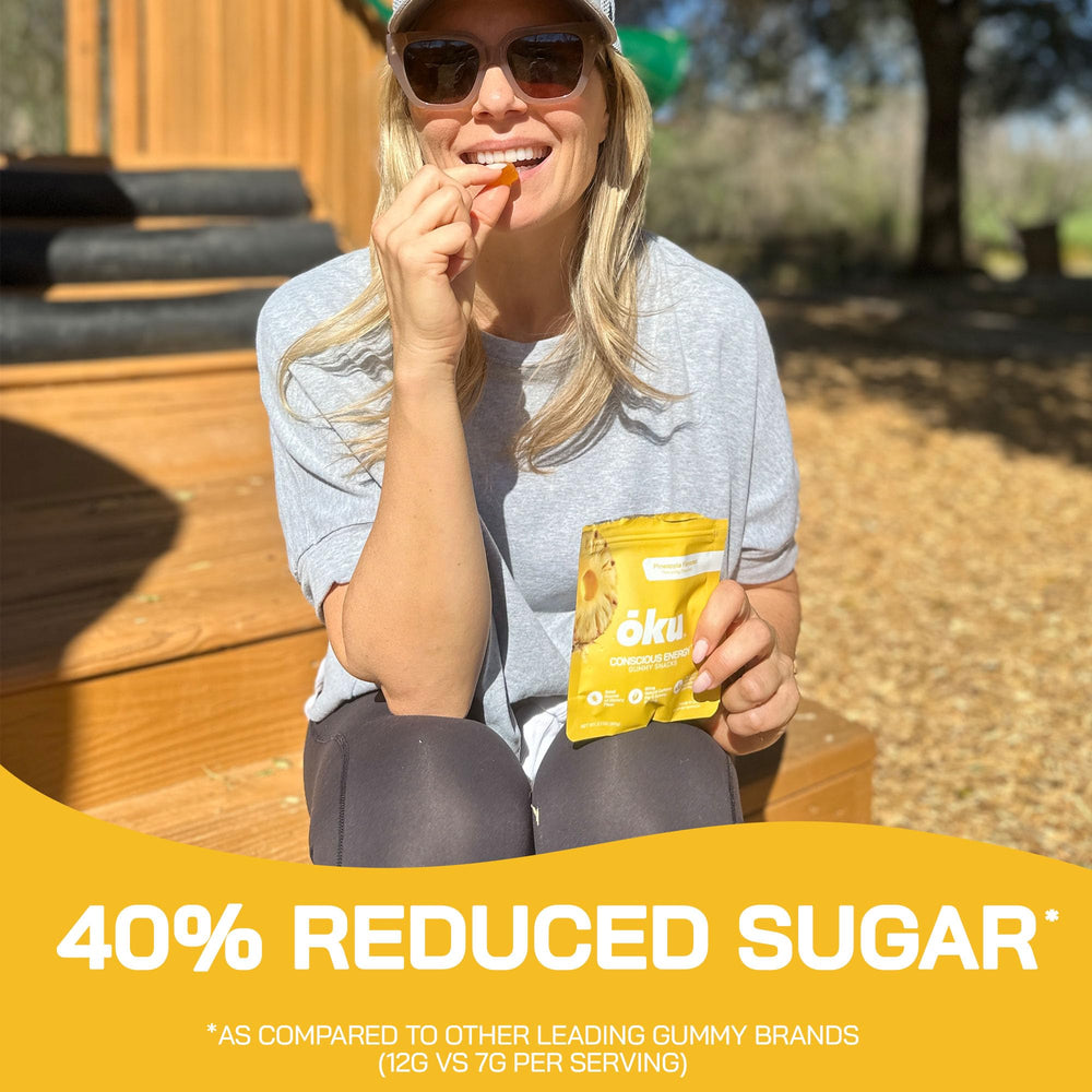 OKU pineapple energy chews used with fiber per serving for digestive wellness.