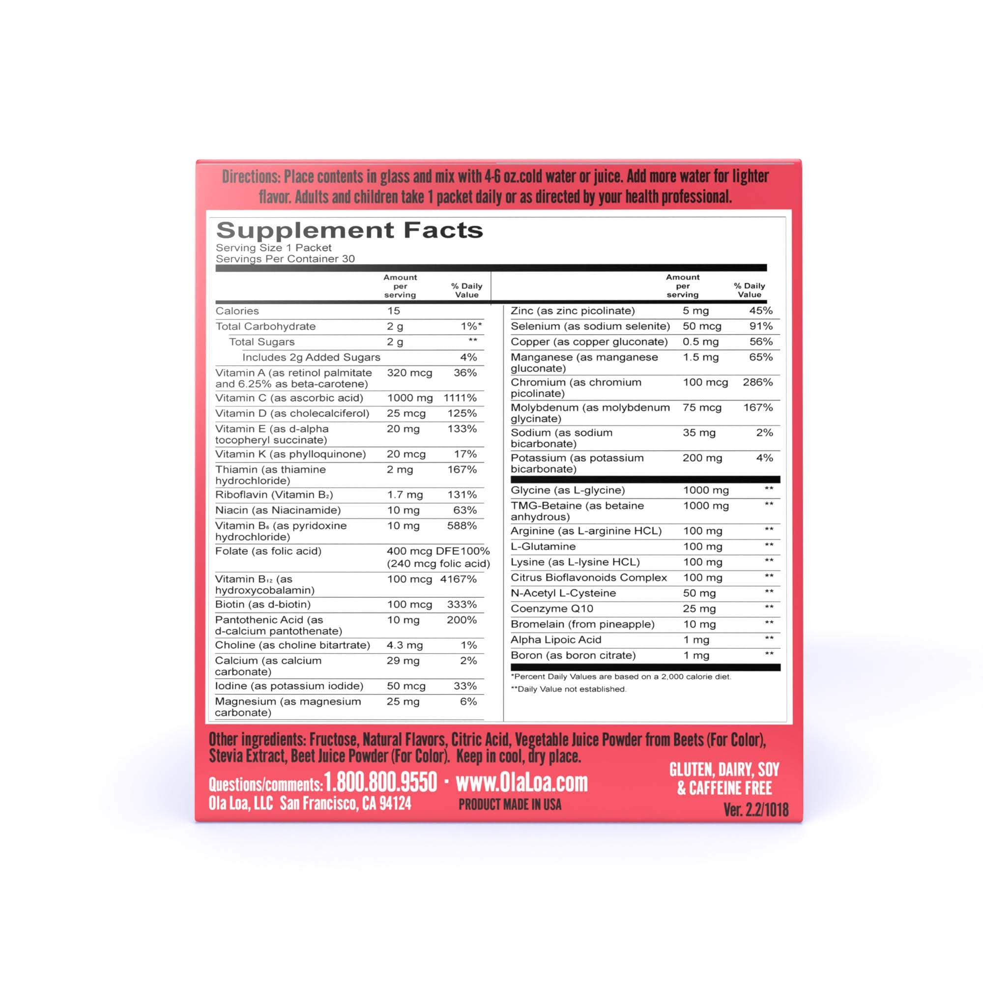 Ola Loa Energy Cran-Raspberry ingredients close-up showing vitamin blend