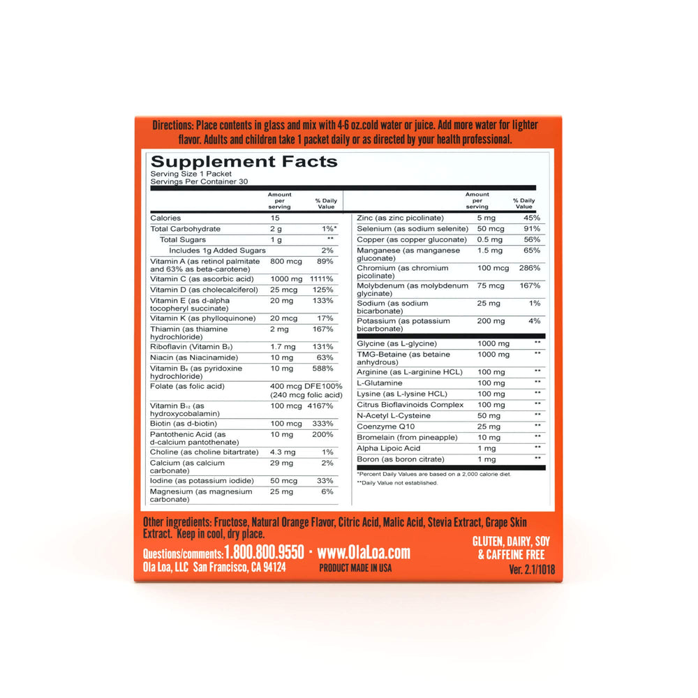 Ola Loa Energy Orange packaging showcases 30 packets for on-the-go nutrition