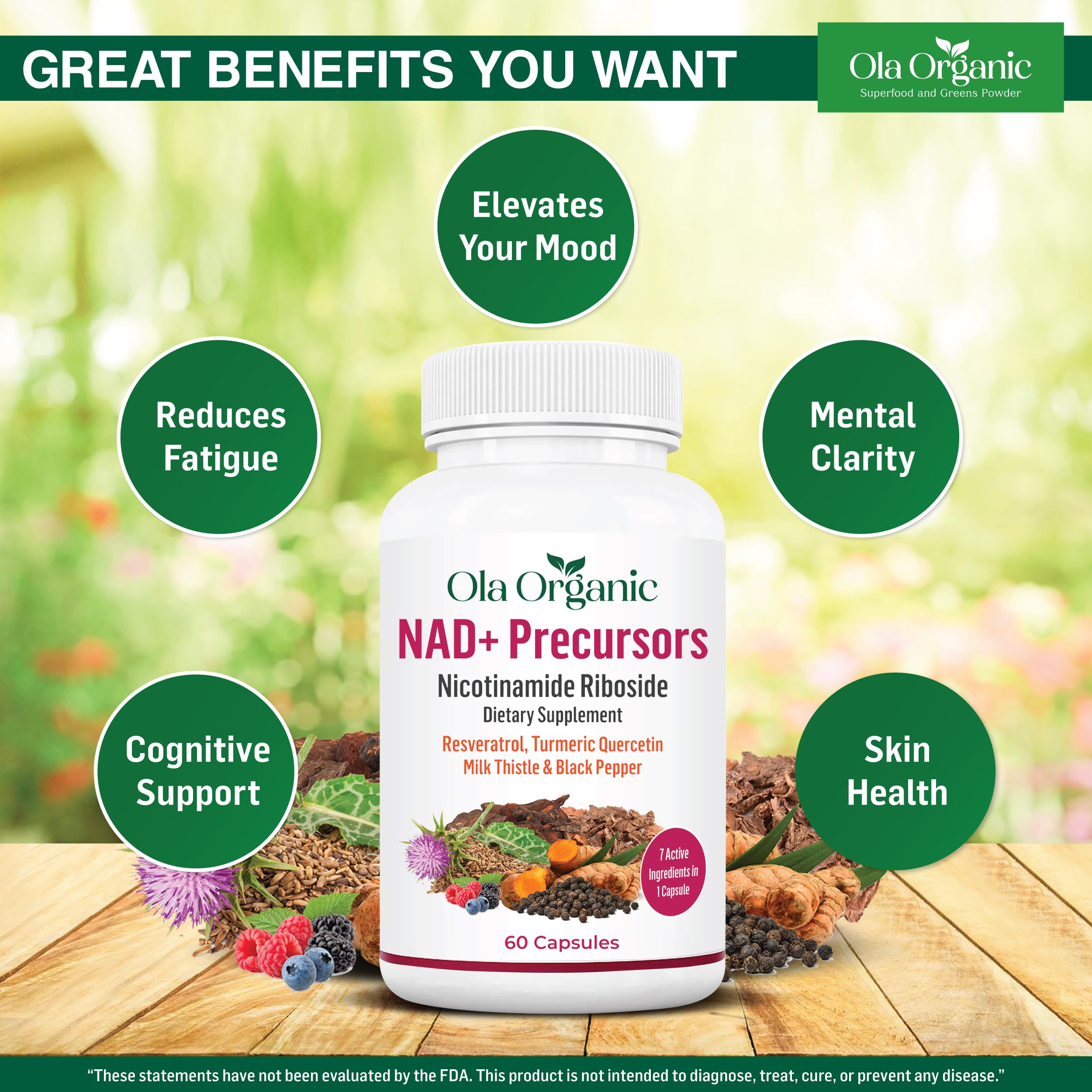 Ola Organic NAD+ with resveratrol emphasizes antioxidant support.