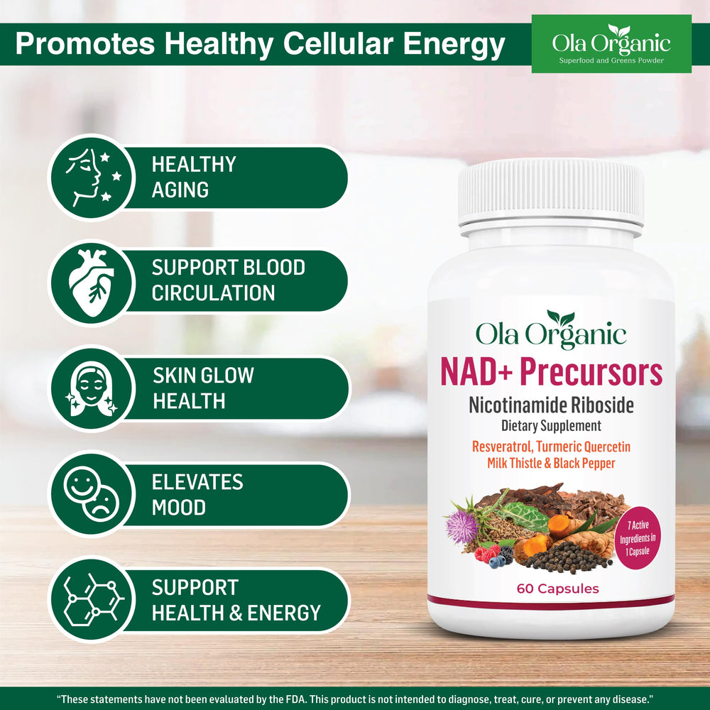 Ola Organic NAD+ turmeric hint signals cellular balance.