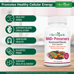 Ola Organic NAD+ turmeric hint signals cellular balance.