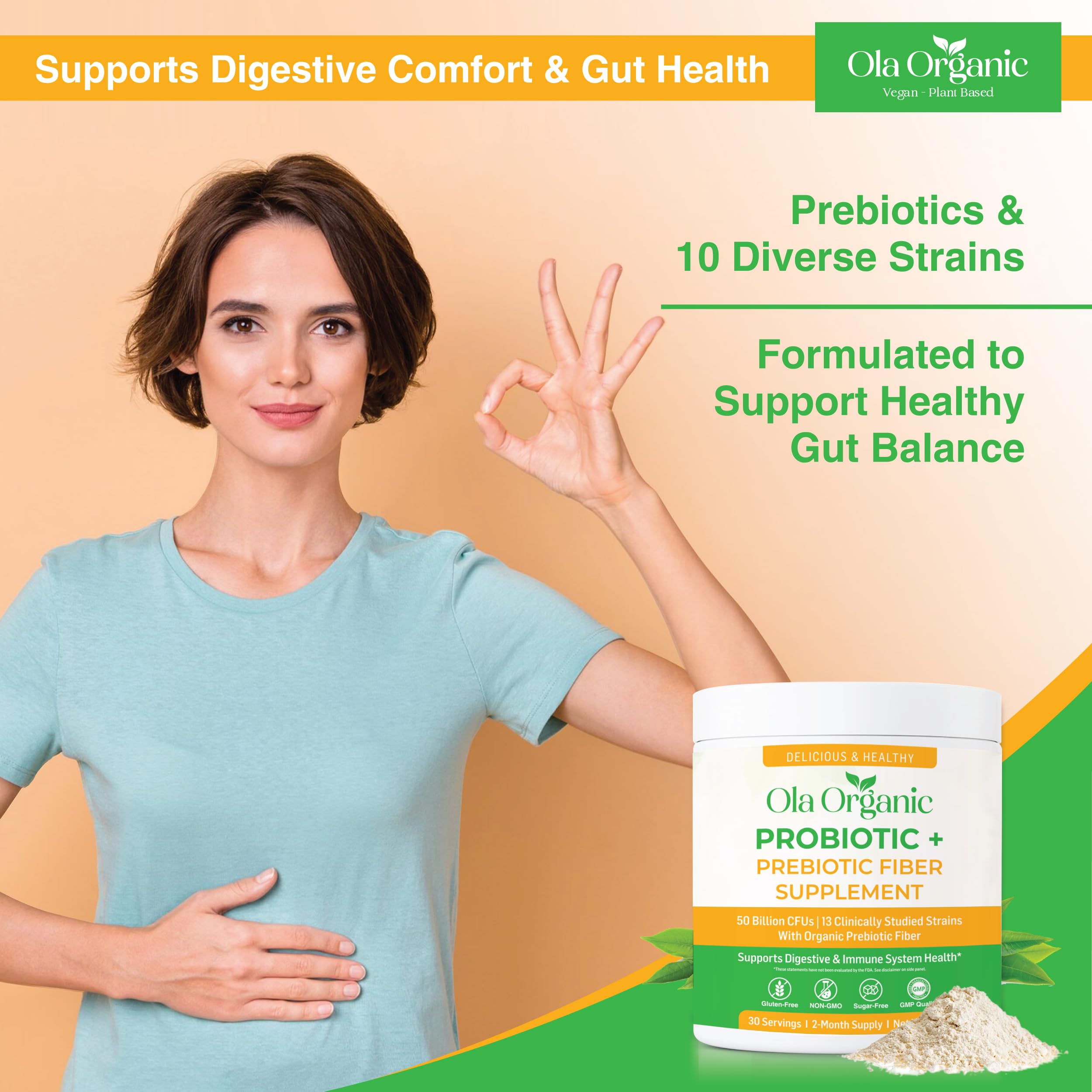 Ola Organic probiotic powder bottle on kitchen counter for daily routine