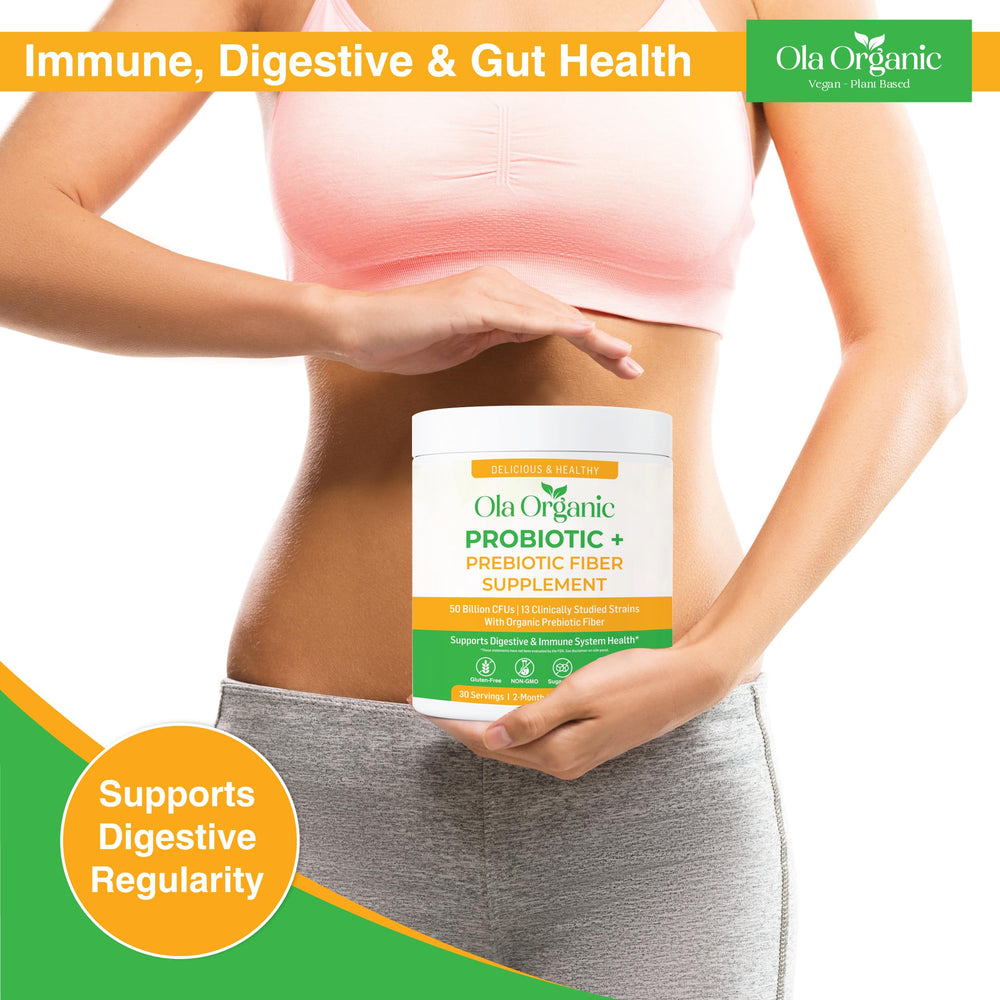 Closeup of Ola Organic probiotic powder label highlighting purity