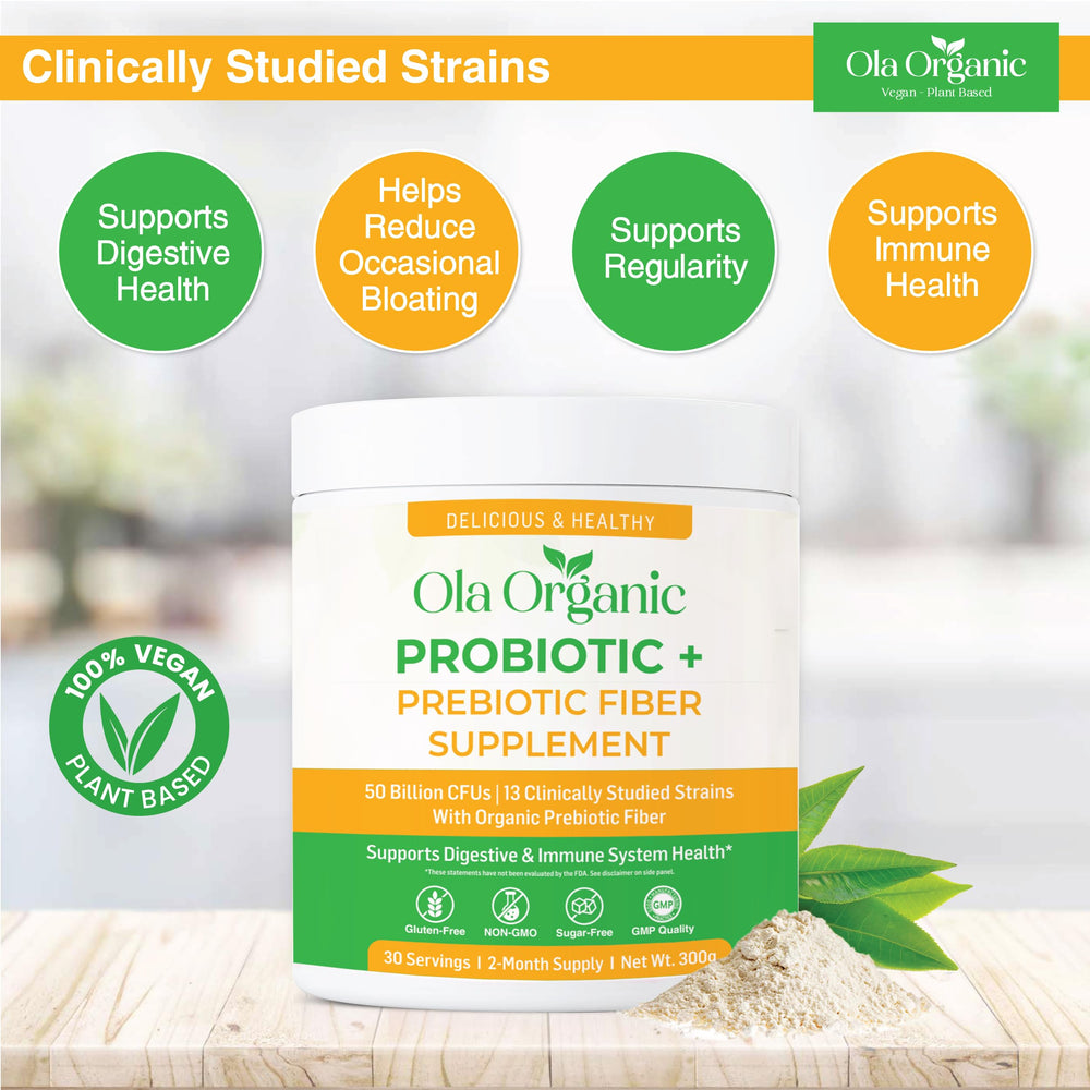 Ola Organic probiotic powder being poured into water for a quick boost