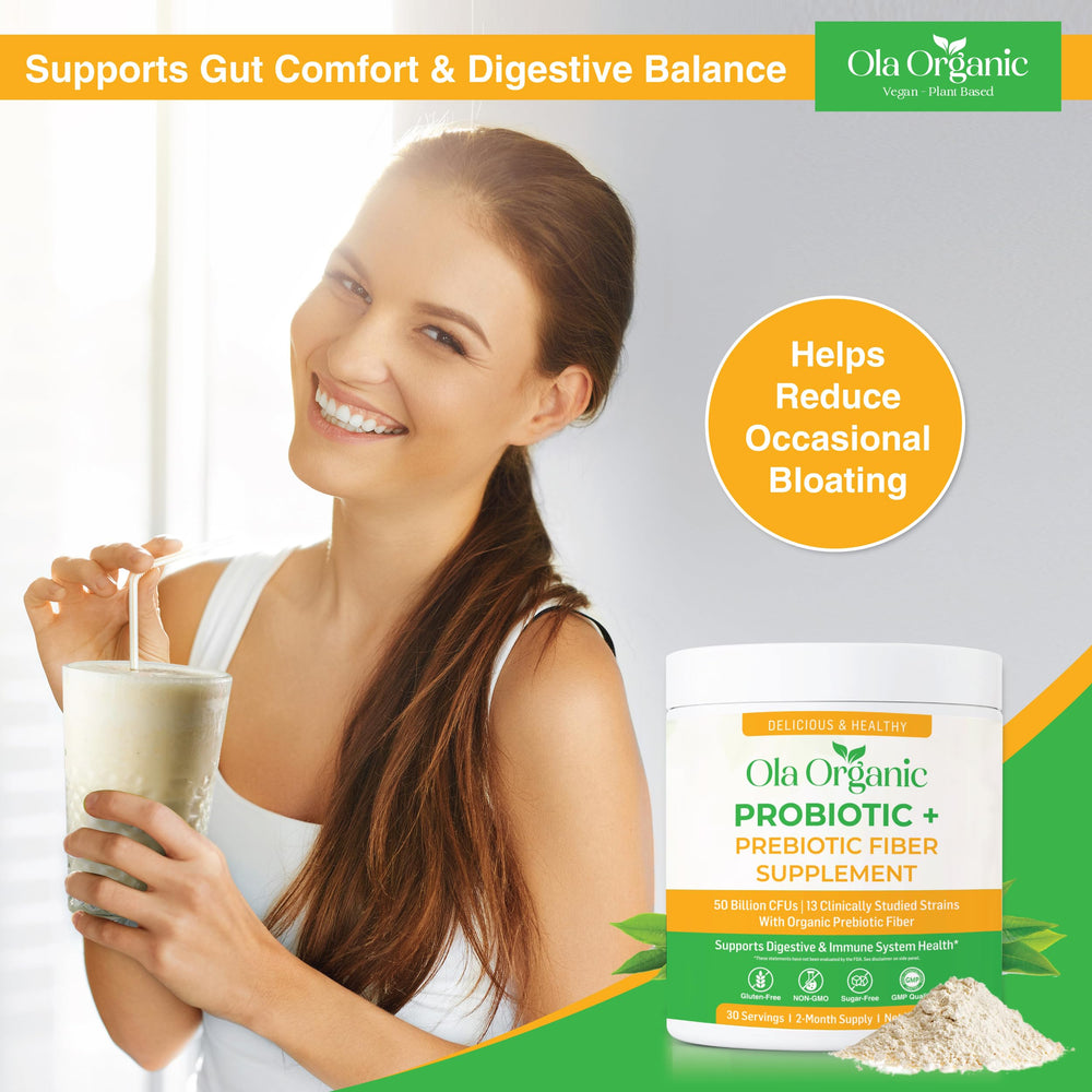 Ola Organic probiotic powder blended into smoothie for easy intake