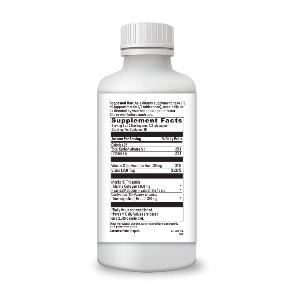 O'Lana Marine Liquid Collagen bottle pour showing easy daily dosing for busy mornings.