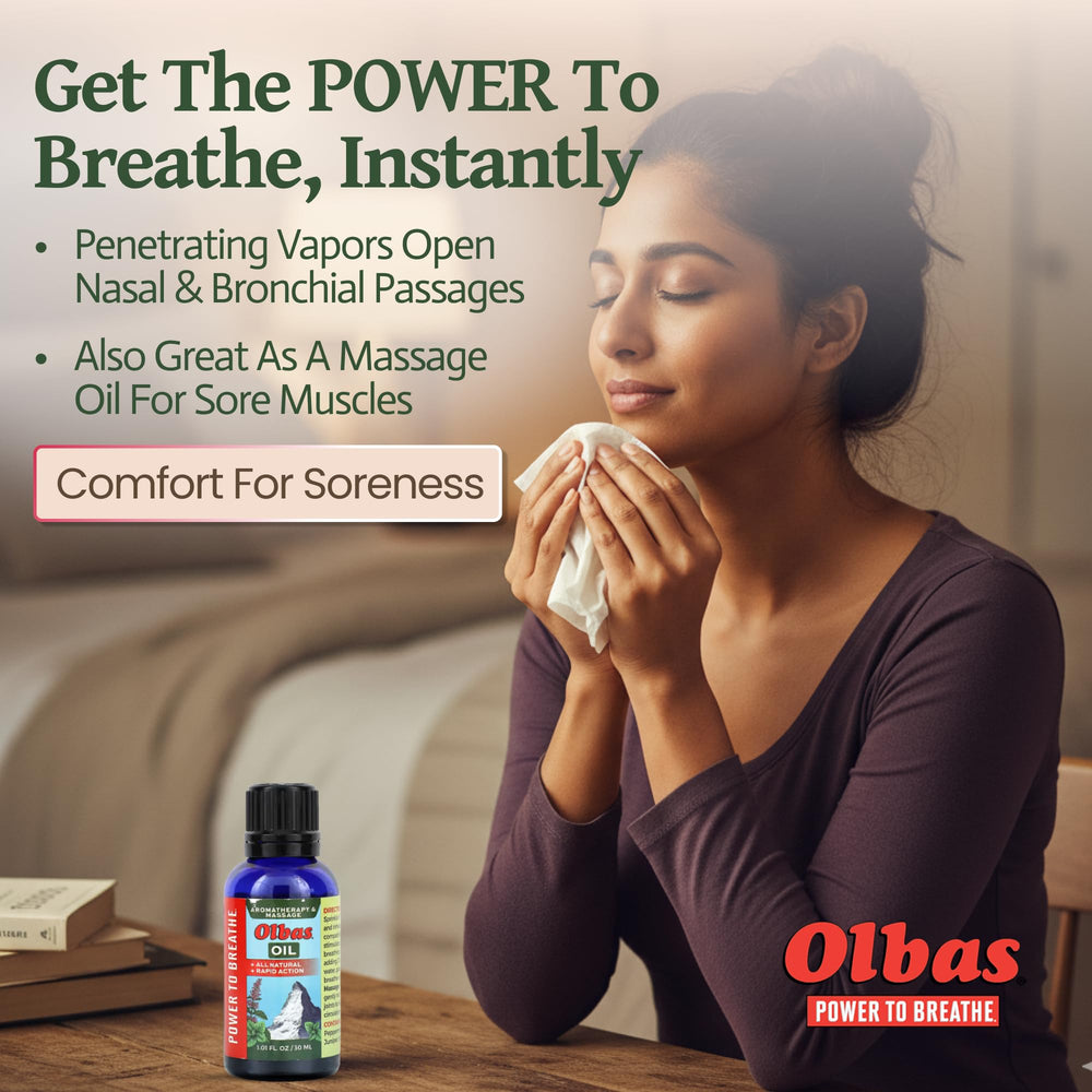 Olbas aromatherapy diffuser scene highlighting herbal scent and calm ambiance.