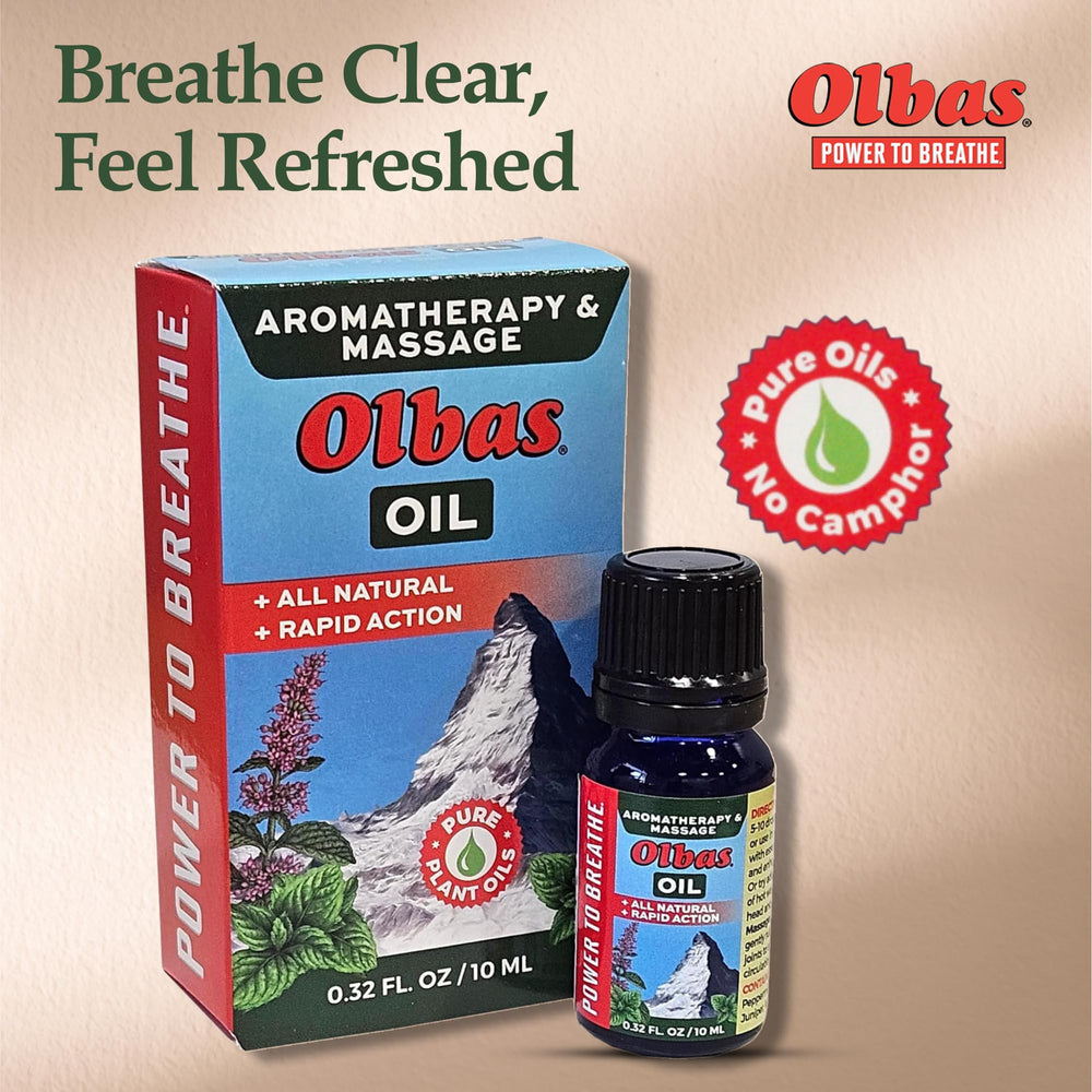 Olbas bottle with mint leaves illustrating refreshing aromatherapy benefits.